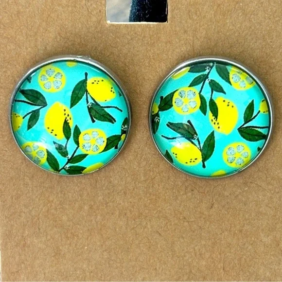20mm Lemon Print Stainless Steel Stud Earrings, Unworn, Handmade, NWT - Picture 2 of 5